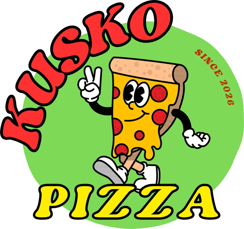 Kusko Pizza mascot — a pizza slice giving a peace sign